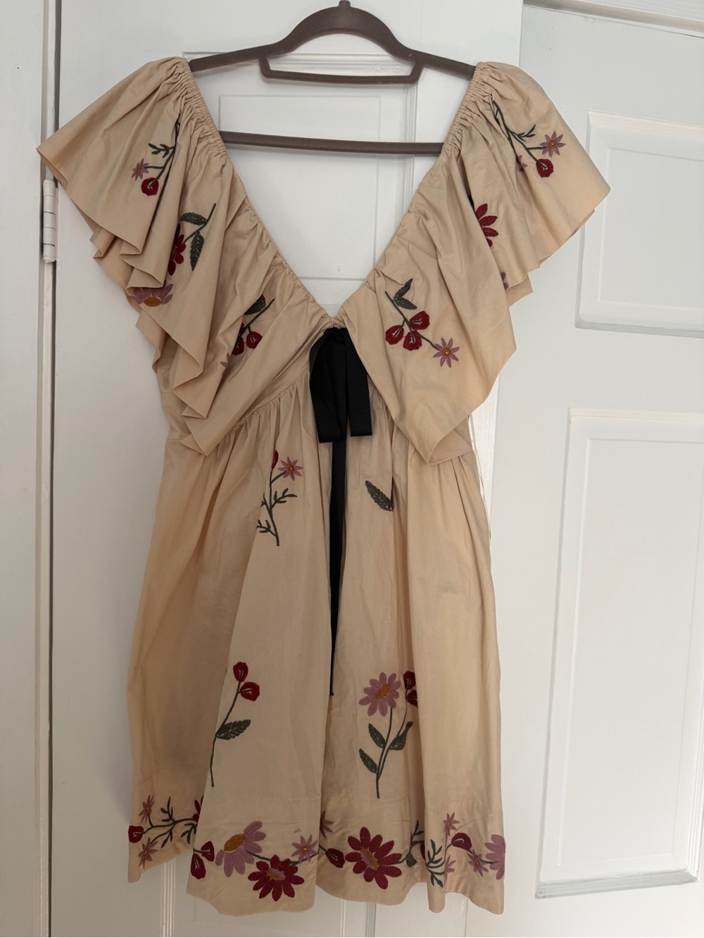Beige Off-Shoulder Mini Dress with Floral Embroidery